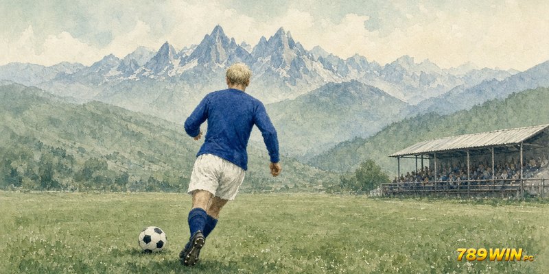 Di Stefano áo xanh dương thi đấu trên sân giữa vùng núi