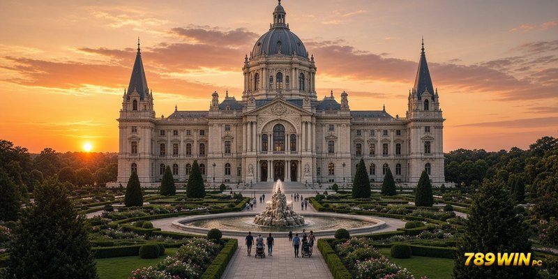 Quảng trường Casino de Monte-Carlo với mặt tiền mái vòm, hai tháp nhọn và vườn phía trước
