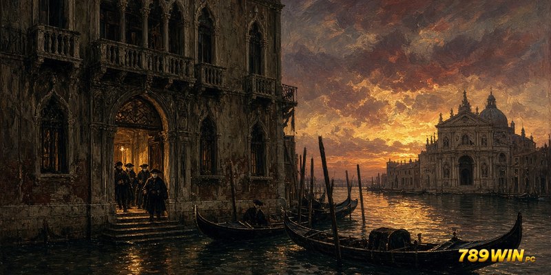 Sảnh Ridotto trong Palazzo Dandolo thế kỷ 17 với khách đeo mặt nạ bauta