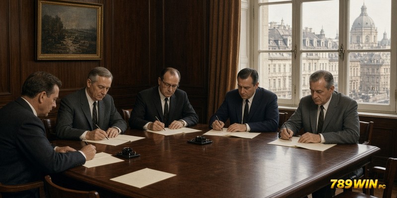 Phòng họp thập niên 1960 ở Vienna với các doanh nhân ký văn bản thành lập công ty