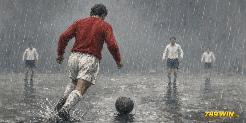 Puskas áo đỏ thi đấu trên mặt sân mưa ở Bern