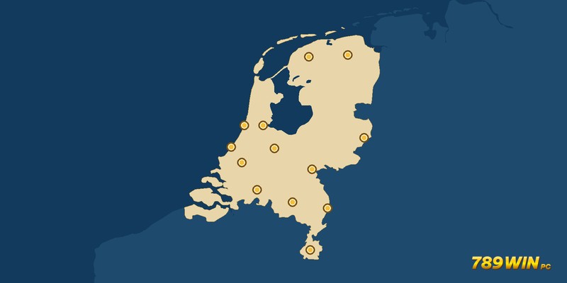 Bản đồ minh hoạ Hà Lan với các điểm đánh dấu thành phố có cơ sở Holland Casino