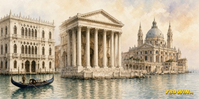 789win: kiến trúc sảnh casino cổ châu Âu qua cung điện Venice, hàng cột Baden-Baden và mái vòm Monte-Carlo
