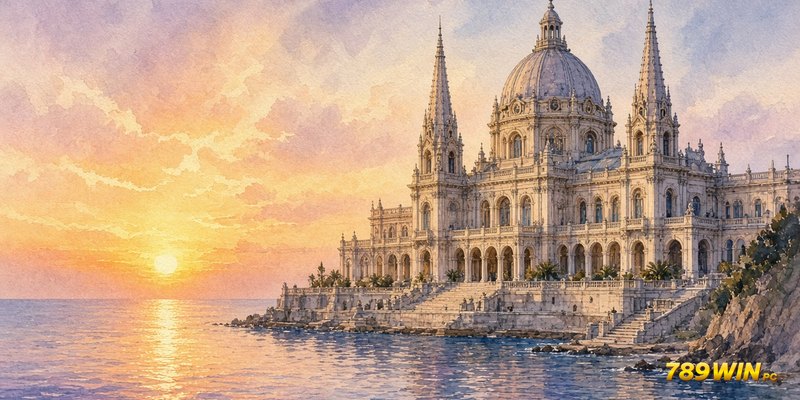 Mặt tiền Beaux-Arts với mái vòm ở giữa và hai tháp nhọn hai bên nhìn ra biển