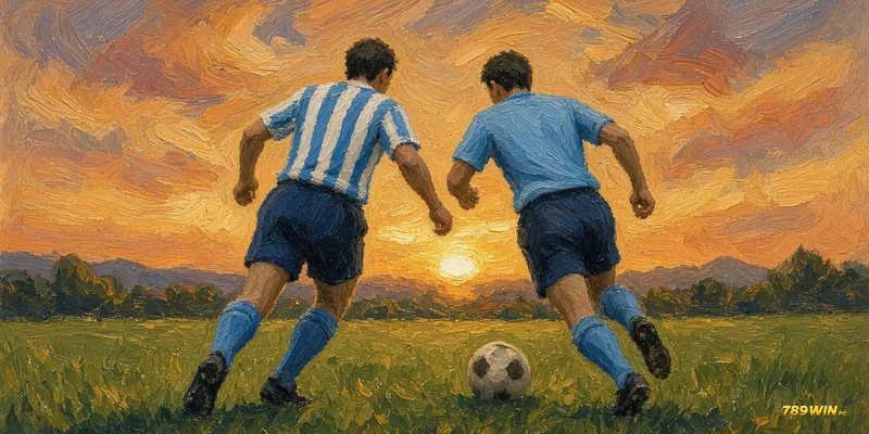 Minh hoạ lịch sử Copa America: hai cầu thủ áo trơn sọc xanh trắng và xanh da trời tranh bóng nhìn từ phía sau
