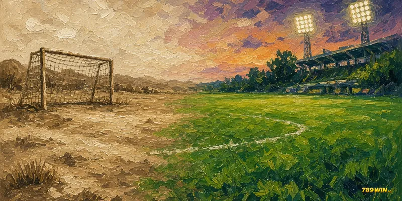 Minh hoạ lịch sử Copa America: sân đất cũ chuyển dần sang sân cỏ hiện đại trong cùng khung hình