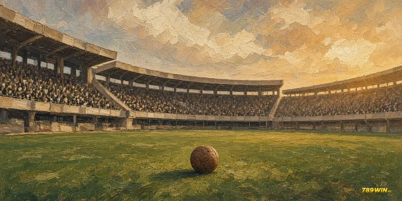 Minh hoạ lịch sử cúp C1: khán đài cổ thập niên 1950 với trái bóng da trên vạch giữa sân