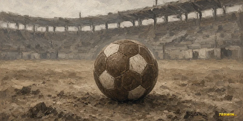Minh hoạ lịch sử World Cup: trái bóng da cũ lăn trên mặt sân khô với khán đài trống phía sau