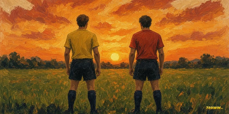 Minh hoạ lịch sử World Cup: hai cầu thủ mặc áo trơn khác màu đứng giữa sân nhìn từ phía sau