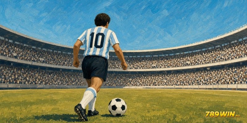 Tranh minh hoạ Maradona dẫn bóng trong sân vận động – 789win
