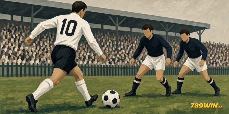 Tranh minh hoạ cầu thủ áo trắng số 10 thập niên 1960 đi bóng trên sân cỏ, không logo câu lạc bộ